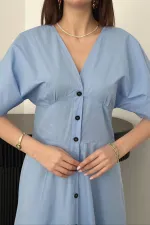 Toptan Mavi Düğmeli Midi Boy Poplin Elbise