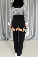 Toptan Siyah Askılı İki Parça Jeans Pantolon