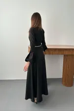 Toptan Siyah Balon Kollu Kuşaklı Elbise