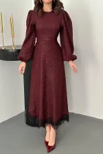 Robe longue ceinturée en dentelle gaufrée prune (vente en gros)