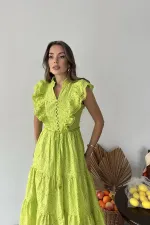 Robe boutonnée à volants vert pétrole en gros