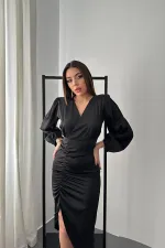 Toptan Siyah V Yaka Saten Elbise