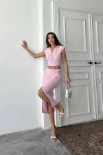 Toptan Pudra Keten Gömlek Ve Etek Takım