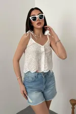 Toptan Beyaz Bağcıklı Brode Bluz