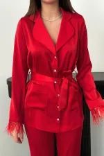 Toptan Kırmızı Püsküllü Saten İkili Takım