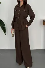 Toptan Kahverengi Düğme Detaylı Gömlek Ve Nervürlü Pantolon