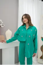 Wholesale Green Classic Stoned Linen Suit Set