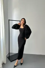 Toptan Siyah Kolları Çiçekli Atlas Elbise