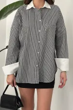 Chemise à manches longues en popeline noire à rayures en gros