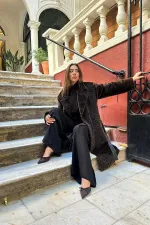 Toptan Haki Deri Kuşak Garnili Kaban