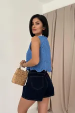 Toptan Mavi Sıfır Kol Brode Bluz