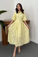 Robe jaune à manches ballon avec ceinture en gros