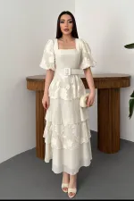 Robe beige à manches ballon superposées en gros