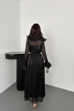 Toptan Siyah Fırfırlı Bluz Lastikli Etek Takım