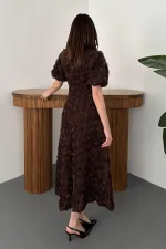 Toptan Kahverengi Güllü Elbise