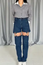 Toptan Mavi Askılı İki Parça Jeans Pantolon