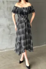 Toptan Lacivert Ekoseli Dantelli Elbise