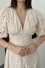 Wholesale Beige Ruffle Detailed Lace Embroidered Dress