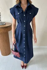 Robe en gabardine plissée bleu marine en gros