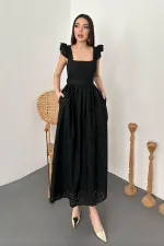 Toptan Siyah Dantelli Brode Elbise