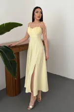 Toptan Sarı Yırtmaçlı Göğüs Kuplu Atlas Elbise