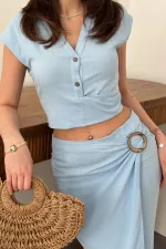 Toptan Bebe Mavi Keten Gömlek Ve Etek Takım