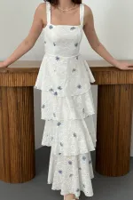 Toptan Lila Çiçek Desenli Kat Kat Arkası Bağlamalı Elbise