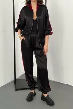 Wholesale Black Velvet Striped Satin Tracksuit