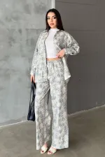 Ensemble veste et pantalon en lin gris à motif léopard en gros