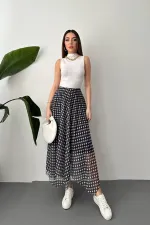 Toptan Lacivert Ekose Desen Tül Etek