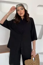 Ensemble chemise et short en lin noir à manches courtes en gros