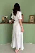 Toptan Beyaz Kruvaze Yaka Müslin Keten Elbise