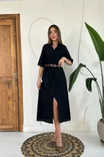 Robe à manches courtes en lin noir en gros
