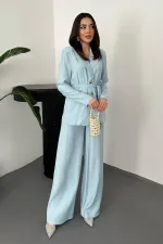 Toptan Mavi Belden Bağlamalı Ceket Ve Pantolon Takım
