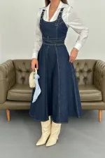 Toptan Mavi Midi Boy Bantlı Kot Elbise