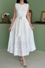 Wholesale White Dress with 3D Embroidered Details