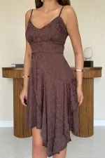 Toptan Kahverengi Jakarlı Asimetrik Elbise