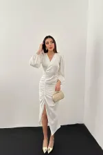 Toptan Beyaz V Yaka Saten Elbise