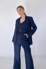 Wholesale Navy Blue Striped Jacket & Vest and Trouser Set