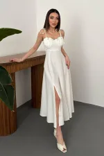 Toptan Beyaz Yırtmaçlı Göğüs Kuplu Atlas Elbise