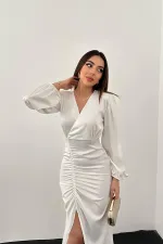 Toptan Beyaz V Yaka Saten Elbise