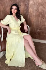 Toptan Sarı Kruvaze Yaka Müslin Keten Elbise