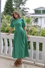 Toptan Yeşil Arkadan Bağlamalı Büzgülü Keten Elbise