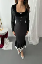 Toptan Siyah Alt Eteği Volanlı Kadife Elbise