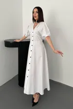 Toptan Beyaz Düğmeli Midi Boy Poplin Elbise