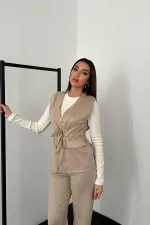 Ensemble gilet et pantalon en daim beige en vente en gros