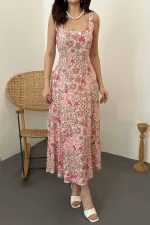 Toptan Pembe Çiçekli Viskon Elbise