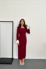 Toptan Bordo İşlemeli Atlas Elbise