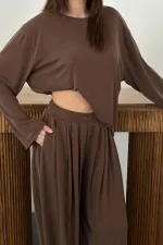 Ensemble haut et bas marron à manches longues en gros