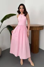 Toptan Pembe Arkası Gipeli Keten Elbise
